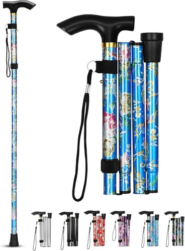 ProBytes Foldaway Cane - Ergonomic Designer Walking Stick Height Adjustable 33-37 Inch Metal Alloy Body Non-slip Rubber Base Easy Grip Derby Handle Four Fold Mobility Aid, Collapsible Floral Style