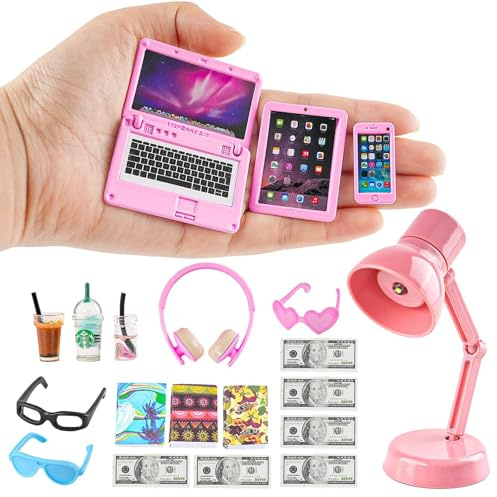 20Pcs Dollhouse Miniature Laptop Computer Tablet Phone Lamp Book Glasses | Coffee Headset Simulation Accessories 1/12 1/6 Toy Pad Play Set Fits Doll Girl Mini Drink Party Office (Pink)