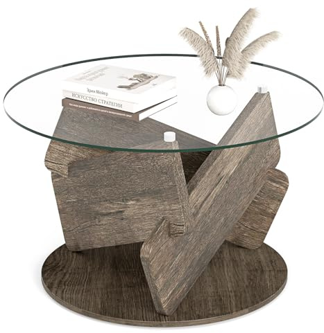 FANTASK Runder Couchtisch Glas, Moderner Glastisch mit Massivholzrahmen, Sofatisch, Coffee Table für Wohnzimmer und Büro, φ 81cm x 49cm (Grau)