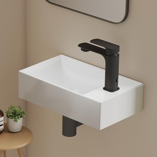 EMKE Lavabo pequeño rectangular 38,0 × 22,0 × 10,0 cm – Lavabo de cerámica con orificio para grifo, sin rebosadero, lavabo pequeño ideal para baño y aseo de invitados, color blanco