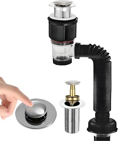AGSYFFD Waschbecken-Ablaufset mit Pop-up-Ablauf und flexiblem Ablaufrohr, mit Anti-Verstopfungs- und Anti-Geruchs-Eigenschaften. Einfache Installation ohne Werkzeug（Schwarz） | Verstellbarer, ausziehbarer Schlauch, 29–95 cm, passend für Waschbecken-Wand- und Bodenabläufe, universell, schwarz
