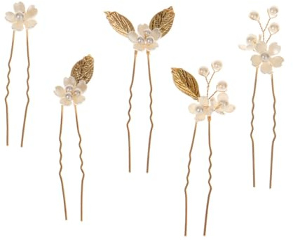 PENIKOKO Lot de 5 Épingles à Cheveux Mariage Dorées, Accessoires Fleuris en Métal Léger, Barrettes Fourchettes pour Coiffure de Mariée, Demoiselle D'honneur et Fêtes, Décorations Cheveux
