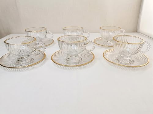 Générique Ensemble de Tasses à Thé et Café en Verre avec Soucoupes, Bordure Dorée, Style Vintage, 6 Pièces