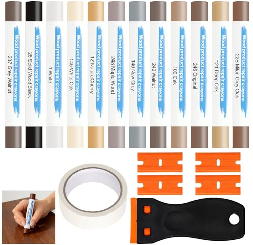 Set de 12 Barras Colores Masilla para Madera, Reparador Arañazos Madera con Espátula Cinta, Cera Reparador Madera, Masilla Reparadora Madera para Laminado, Parquet para Agujeros, Arañazos y Grietas