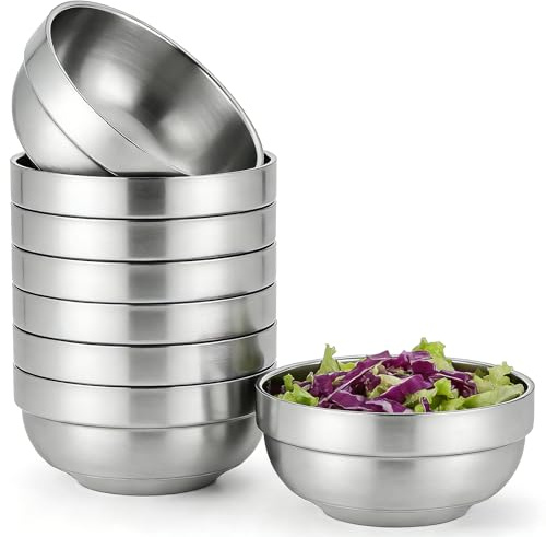 PORFOYO Cuencos de acero inoxidable, 8 unidades, cuencos de cereales de acero inoxidable de 500 ml, cuencos plateados, cuencos de doble capa, cuencos para mezclar para arroz, frutas, ensaladas, sopa