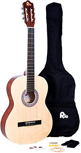 RayGar Akustikgitarrenset (4/4-Größe, mit Nylonsaiten, inkl. Tasche, Gurt, Plektrum, Stimmpfeifen - natural