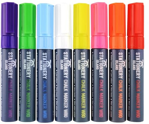 Stationery Island Rotuladores de Tiza Liquida Borrado en Húmedo, Punta Ancha 8 mm - Paquete de 8 Colores para Vidrio, Pizarras Blancas Y Pizarras Negro, para el Hogar, la Escuela o la Oficina