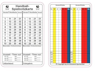 b+d Carte d'arbitrage handball 100 pièce, allemand