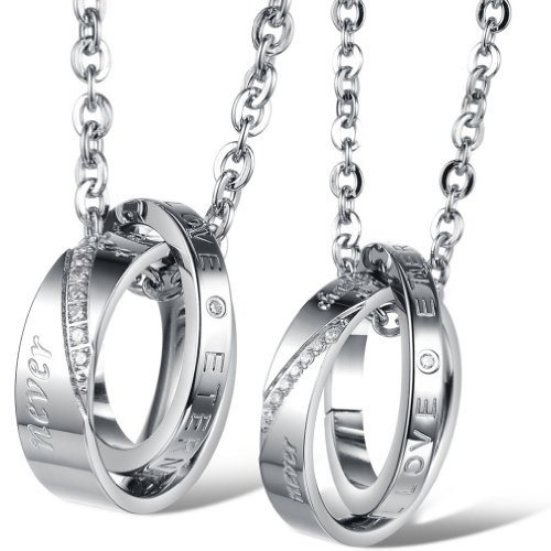JewelryWe Schmuck Freundschaftsketten mit kostenloser Gravur, Edelstahl Partner-Anhänger Halskette mit His Queen Her King Ringe, Paar Anhänger Kette für Damen Herren, Schwarz Rosegold Silber