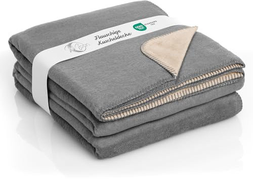 Moon Doubleface Kuscheldecke, Wohndecke aus Baumwollmischung - ca. 150x200 cm mit geketteltem Rand (Dunkelbeige/anthrazit)