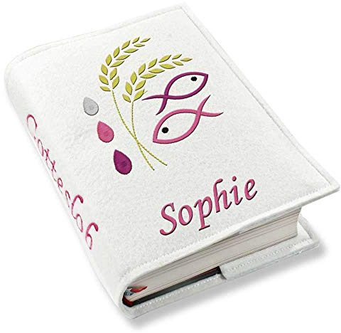 Gotteslob Gotteslobhülle Ähre Fische pink Kunstleder mit Namen bestickt weiß, Farbe:weiß