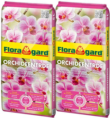 Floragard Orchideenerde 2x5L - für Phalaenopsis und andere Orchideenarten - mit Premium-Dünger und Pinienrinde, Braun