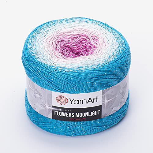 Yarn Art YarnArt Flowers Moonlight - Hilo de algodón con purpurina, peso 9.2 onzas de largo, 1093 yardas de ganchillo arcoíris, Lurex metálico tejido a mano brillante, pastel plateado, algodón
