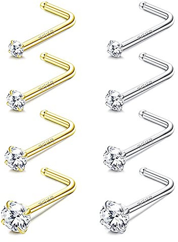 Sllaiss 8 Stück 20g L-förmiger 14K Gold Nasenstecker 925 Sterling Silber Winziger Nasenstecker Zirkonia Body Piercing Schmuck 1,5 mm 2 mm 2,5 mm 3 mm