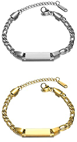 JewelryWe Schmuck Pärchen Armband mit Gravur, Edelstahl Figarokette Partner Freundschaftsarmband Armkette Armreif Valentinstag Lieben Geschenk