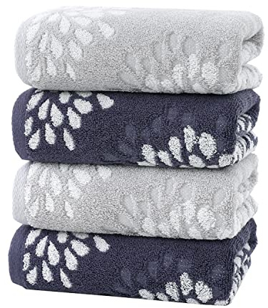 Pidada Hand Towels Set of 4 Hydrangea Floral Pattern 100% Cotton Absorbent Soft Decorative Towel for Bathroom (Light Grey & Denim Blue)