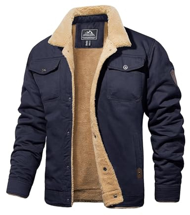 MAGCOMSEN Men's Trucker Jacket Winter Warm Tactical Military Coat Sherpa Fleece Biker Bomber Coats Outdoor Thermal Jackets,Navy,XL