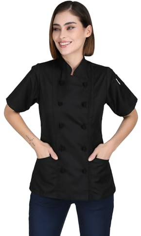 Short Sleeves Knotted Cloth Buttons Women Chef Coat Jacket Uniform ideal for food service, Caterers and Culinary professional (Large, Black)