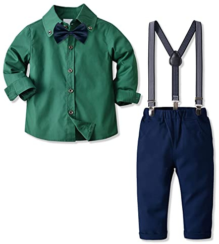 Nwada Set di vestiti per bambini con cravatta a fiocco, camicia e pantaloni con bretelle, jeans in denim