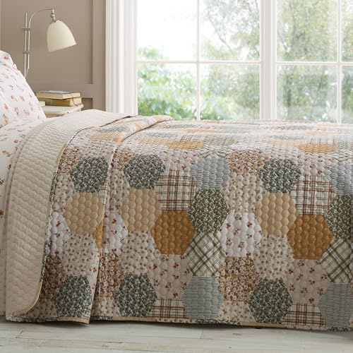 Catherine Lansfield Floral Patchwork Quilted 220x230cm Bedspread Natural