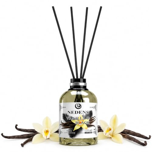 NEDENS Duftstäbchen Mikado 110 ml – Raumduft mit 4 Bambusstäbchen, langanhaltender Duft, dekorative Glasflasche, Intensität regulierbar, ideal für Wohnzimmer, Bad, Flur & Büro (Vanille schwarz)