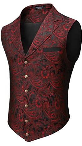 COOFANDY Mens Suit Vest Paisley Floral Victorian Vests Gothic Steampunk Formal Waistcoat Tuxedo Vests with Notched Lapels, Wine Red, Medium