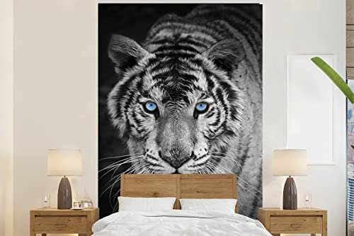 Selbstklebend Tapete Wandpapier Wandaufkleber Fototapete Tapeten Wanddeko 225x350 cm Tiere - Tiger - Schwarz und weiß - Augen - Blau