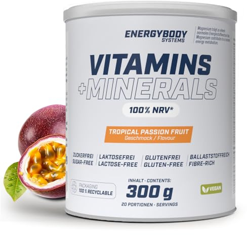 Energybody Vitamins + Minerals Pulver Tropical Passion Fruit 300g | mit 10 Vitaminen & 8 Mineralstoffen, Multivitamin Mineralstoff Drink, vegan