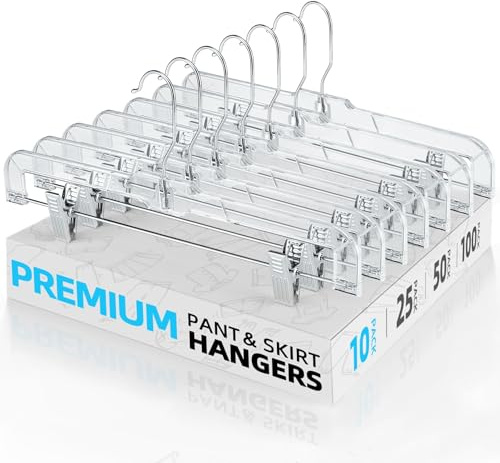 HOUSE DAY Clear Skirt Hangers with Clips, Non-Slip Plastic Pant Hanger with 2 Adjustable Clips, Upgraded Clip Hanger for Pants, Skirts, Shorts, 14 Clear Hangers 10 Pack, 360-Rotating Swivel Hook