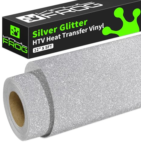 VINYL FROG Glitzer Plotterfolie Textil Silber Heat Transfer Vinyl 25 cm x 1,55 m Glitter HTV Vinyl Transferfolie Plotter Flexfolie zum Aufbügeln für T-Shirts oder andere Stoffe