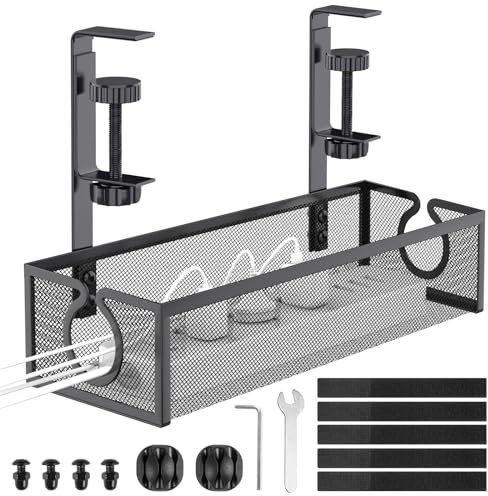 DECOHOME Under Desk Cable Management Tray, No-Drill Mesh Table Cable Basket for Managing Cables and Power Strips, No Screws Tidy Box Wire Organiser for Home, Office, Internet Cafe (Black, 1 Pack)