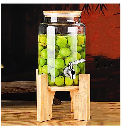 Dispenser Per Bevande in Vetro,Bottiglia Di Vetro Trasparente Con ABS Rubinetto And Copertura in Bambù,Per Bevande Calde E Fredde Per Picnic All'aperto,Barbecue E Altro,Faucet b+base,3L
