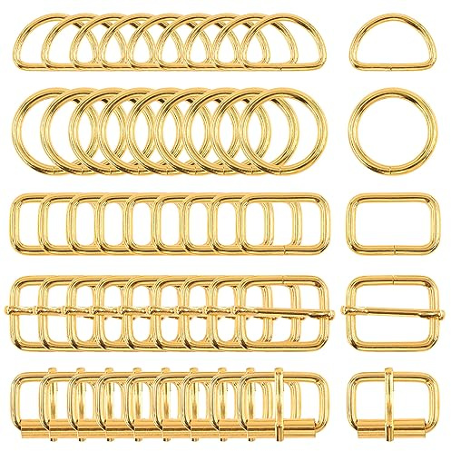 Swpeet 50Pcs 5 Style Metal Buckles, Metal Roller Buckles, Metal Adjustable Slide Buckles, D Ring, Circular Ring, Square Ring