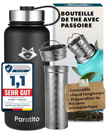 PARATITO® Teeflasche mit Sieb 1,2L, auslaufsicher bei Kohlensäure, spülmaschinenfest - Edelstahl Thermoskanne mit Teesieb to Go für Tee, Kaffee, Büro, Wandern, Yoga, Camping, (Teesieb Bundle Schwarz)