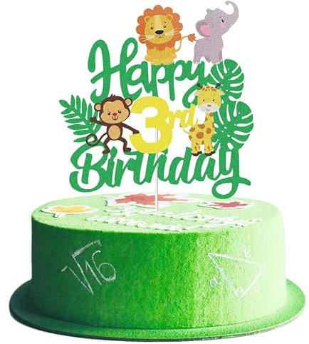 Joyeah Happy 3rd Birthday Jungle Animal Cake Topper Jungle Animals Cake Decoration Young Wild and Three Forest Theme Lion Elephant Monkey Cake Topper for Baby Shower Birthday Party Decorations Supply