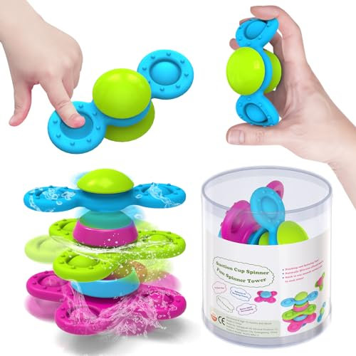Guibola Saugnapf Spielzeug Kinder, 3 Stück Baby Spielzeug 6 Monate Fidget Spinner Baby Silikon Badewannenspielzeug Sensorik Spielzeug Montessori Spielzeug Badespielzeug ab 1 2 3 4 5 6Jahre