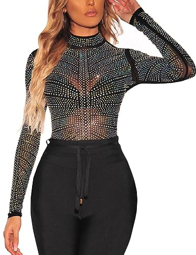 MAYFASEY Damen Sheer Mesh Tops Stretchy Langarm Transparentes Shirt Bluse Clubwear