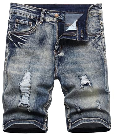 Men's Moto Biker Jeans Shorts Ripped Distressed Denim Shorts with Broken Hole Men's Ripped Jean Shorts Casual Distressed Denim Shorts Summer Short Pants with Pockets, Nostalgia 8005, Size 30