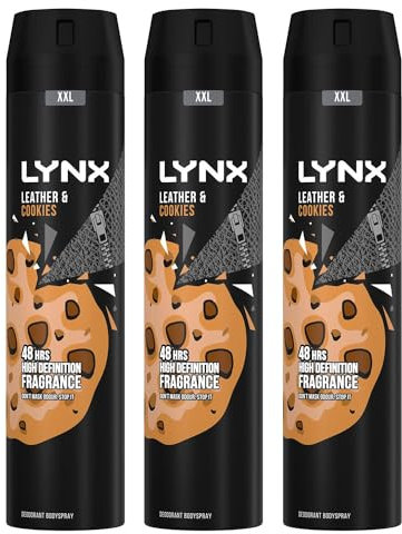 Lynx XXL Bodyspray Leather & Cookies 48H Odour Protection Deodorant, 250ml Pack of 3