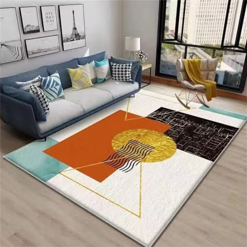 100X160CM Kunsen Teppich+Wohnzimmer Wohnzimmer, geometrische Dekoration, schmutzabweisend und langlebig, Innenbalkon, Schlafzimmer, Weiß, Orange, Schwarz Antirutsch Teppich Mehrfarbig Flickenteppich T