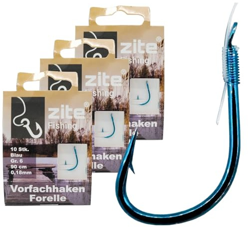 Zite Fishing Vorfach-Haken Angelhaken Forelle Gebunden | Größe 6-10 Forellen Haken mit Vorfach-Schnur – Forellenhaken Blau mit Angelschnur, Angel Haken angeln, Fishing Hooks