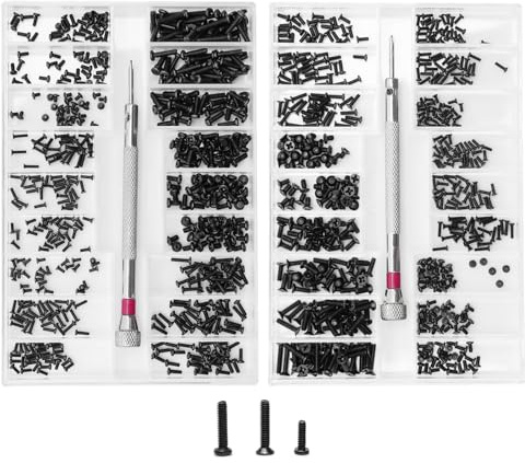 1000 Piezas Micro Kit de Tornillos de Reparación, Mini Juego de Tornillos para Gafas con Destornillador, M1.2 M1.4 M2 Avellanados de Cabeza Plana y Redonda, para Relojes, Gafas, Portátiles
