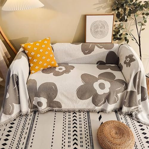 Epinki Sofa Überzug, 130x180CM Sesselbezug Esszimmer mit Quaste Blumen Muster, Kratzfester Schonbezüge aus Chenille für Wohnzimmer Protector & Hunde Haustiere, Grau