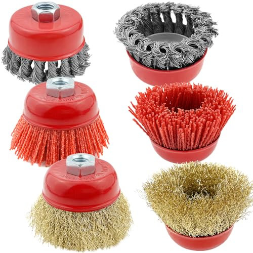 GZqiancang 6 Stück Topfbürste Winkelschleifer, 75mm Topfbürste Winkelschleifer Set für Entfernen Rosts Metallpolierreinigung(Nylon/Metall/Stahldraht )