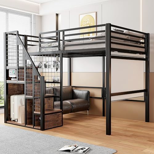 Dolamaní Hochbett Ablage 140x200 cm mit Treppe für Kinder & Erwachsene, Metallbett Netz mit Raufallschutzan Sicherheit, Großer Platz unter dem Bett, Schwarz
