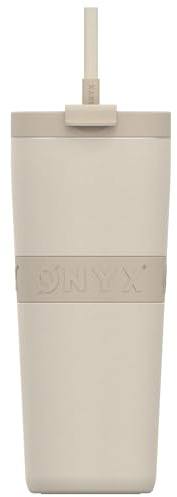 ONYX Thermobecher mit Deckel und Strohhalm - 0.7L Thermoskanne auslaufsicher, ideal als Kaffeebecher to go, für heiße und kalte Getränke, BPA-frei, Edelstahl Isolierbecher mit Henkel, Sand Beige