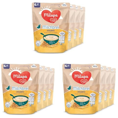 Milupa Miluvit Milchbrei Grieß – Babybrei ohne Palmöl – Frei von Konservierungs- und Farbstoffen – Ab dem 6. Monat – 4 x 400 g (Packung mit 3)