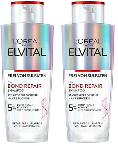 L'Oréal Paris Elvital Bond Repair Shampoo, sanfte Reinigung zur Haarreparatur, gegen Haarschäden, für weniger Haarbruch und mehr Glanz, sulfatfrei, mit Bond-Repair-Komplex und Zitronensäure, 200ml