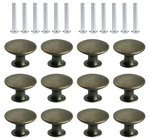 Anhoer 12 Pack Antique Bronze Cupboard Knobs 30mm Round Cabinet Knobs | Kitchen Cabinet Drawer Knobs with Screws, Zinc Alloy Mushroom Pull Handles for Cupboards, Wardrobes, Bathroom Furniture