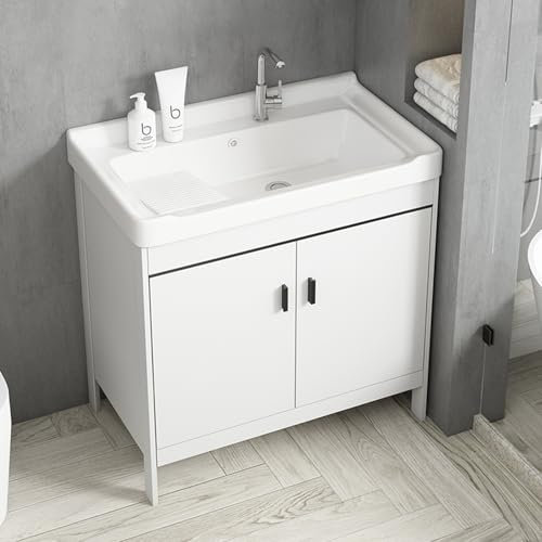 HARELA Lavatoio con Mobile, Mobile Bagno A Terra Bianco, Lavello in Ceramica con Rubinetto per Tubo Dell'Acqua Calda e Fredda, Suite Da Bagno Indipendente Con Vanità, Per Lavanderia(70cm/27.5in)